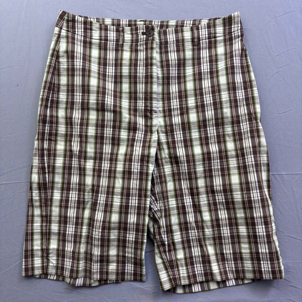Jones New York Signature Brown Green Plaid Shorts Womens 10 Stretch Cotton Blend